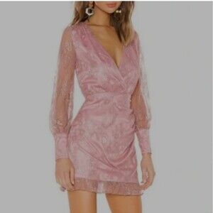 Lovers + Friends "Abigail" Lace Long Sleeve Mini Dress Metallic Rose Size Small